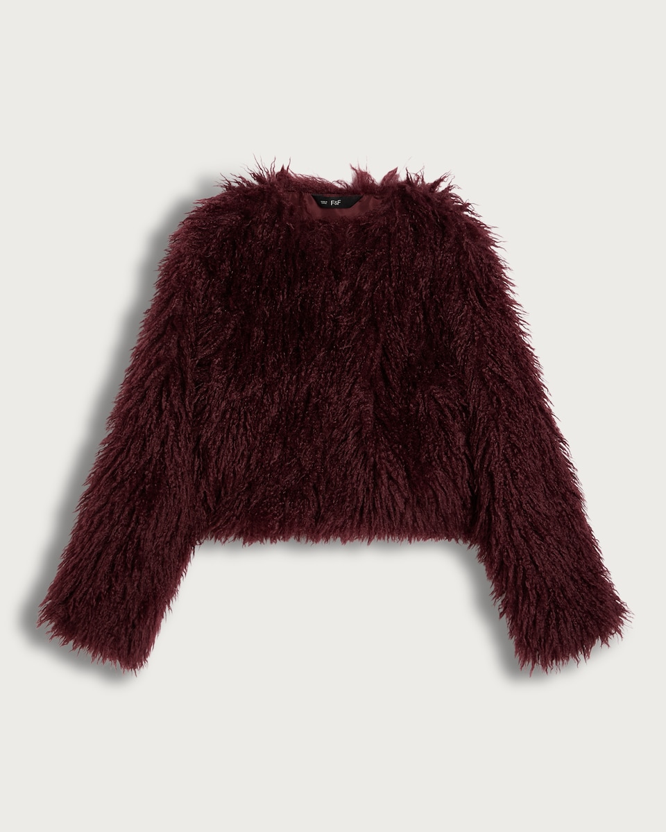 image 1 of The F&F Edit Faux Fur Cropped Jacket in Burgundy