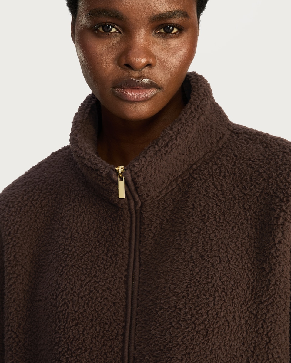 image 1 of F&F Textured Fleece Zip Up Pyjama Top in Brown