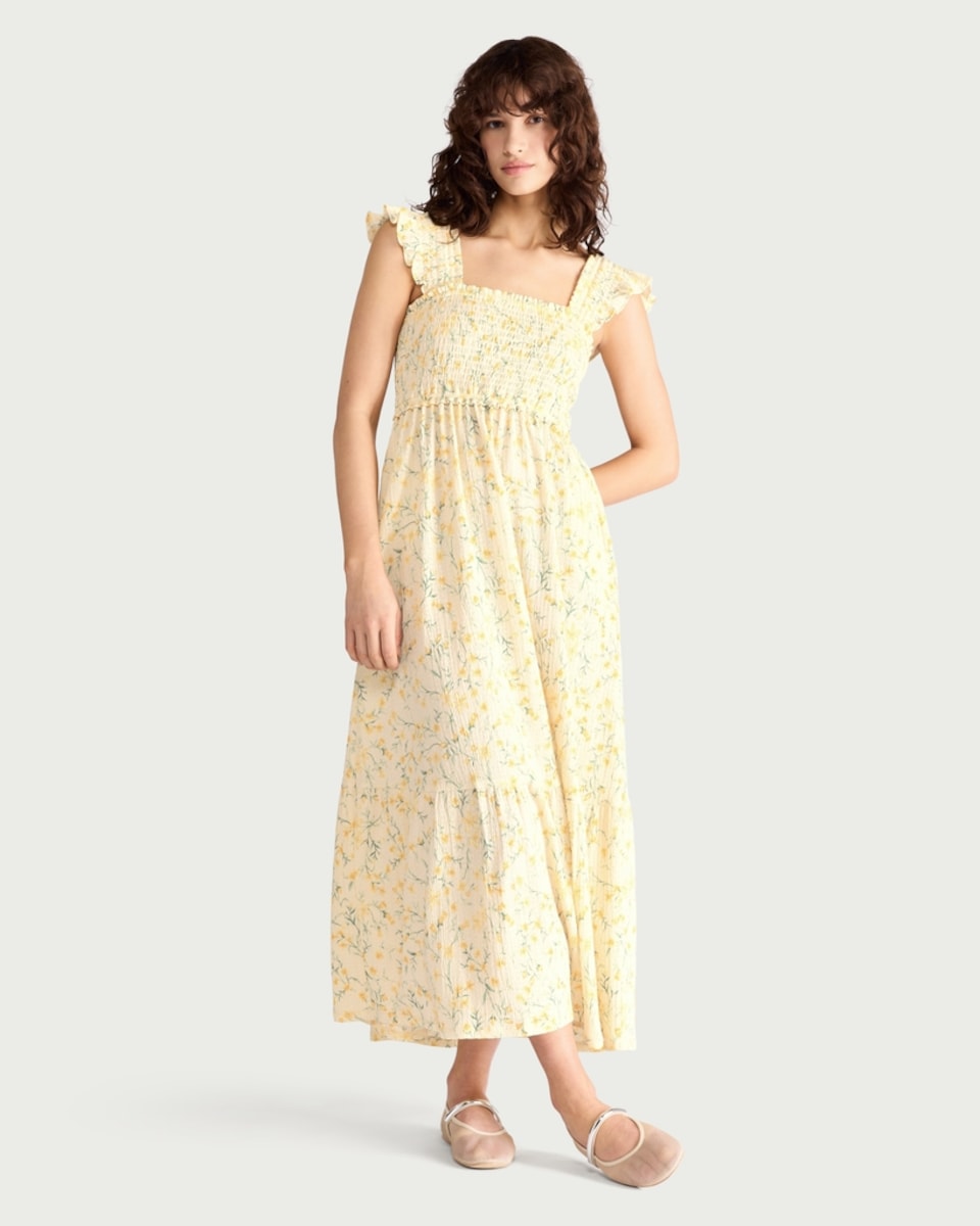 image 1 of F&F Floral Print Smocked Midi Dress in Yellow