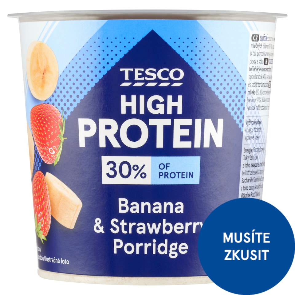 Tesco High Protein instantní ovesná kaše s kousky mrazem sušených banánů a jahod 65g