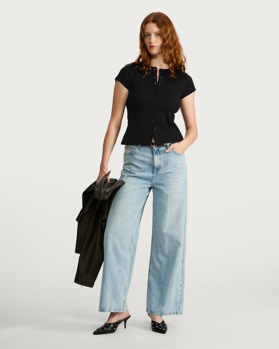 image 1 of F&F Cotton Rich Button Front Top in Black