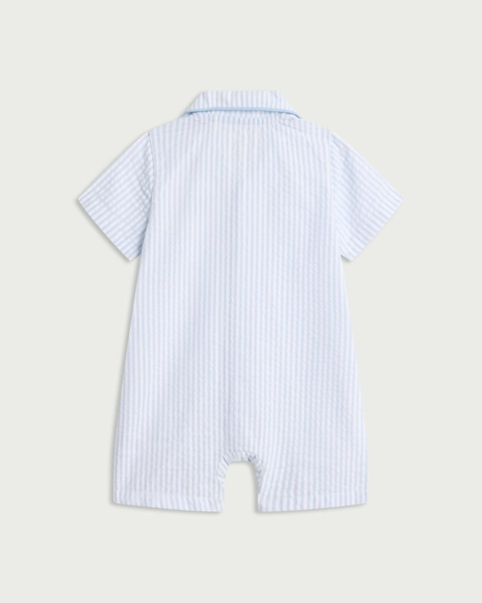 image 1 of F&F Baby Pure Cotton Seerksucker Striped Short Sleeved Romper in Blue