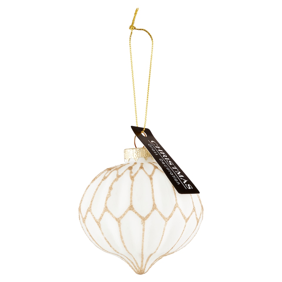 White Christmas Tree Bauble with Gold Stripes