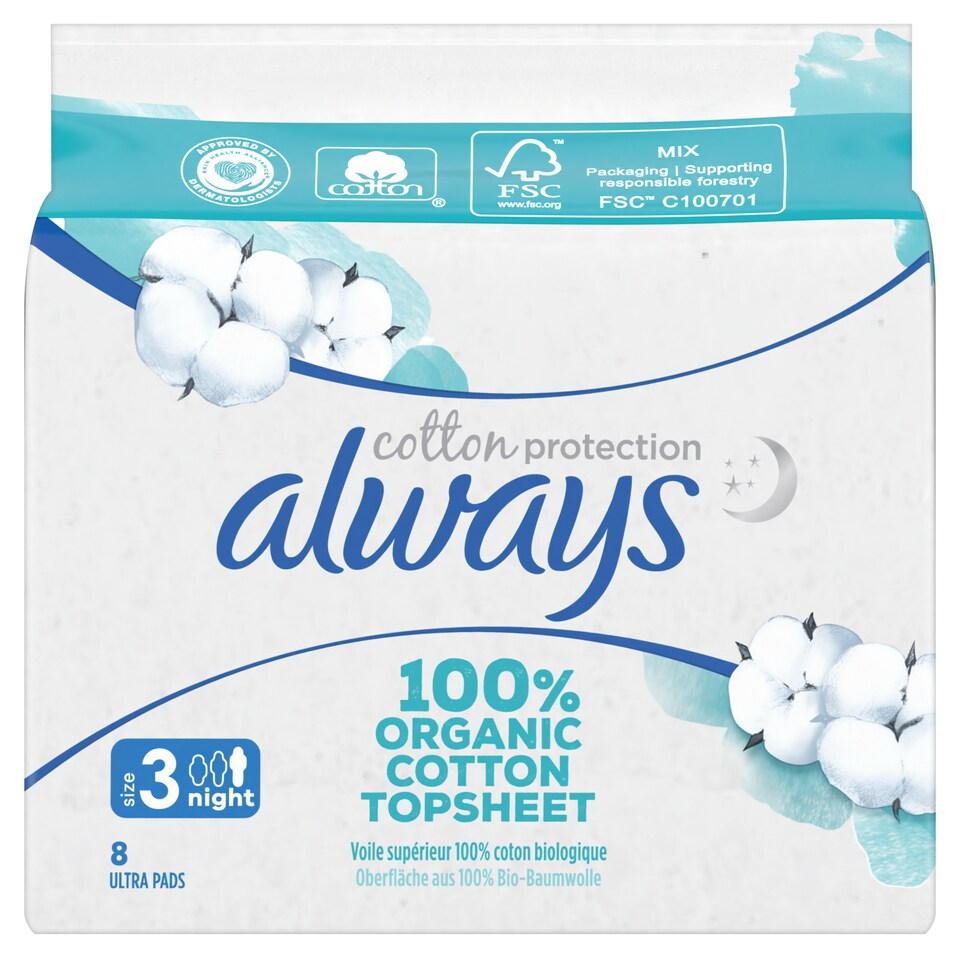 Obrázek 1 pro produkt Always Cotton Protection Ultra Night Hygienické Vložky S Křidélky ks8