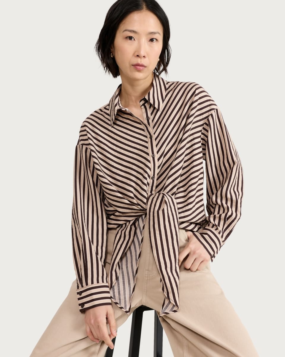 image 1 of F&F Stripe Tie Front Shirt in Neutral