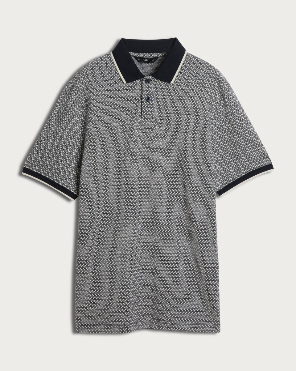 image 1 of F&F Cotton Rich Geometric Print Polo Shirt in Navy