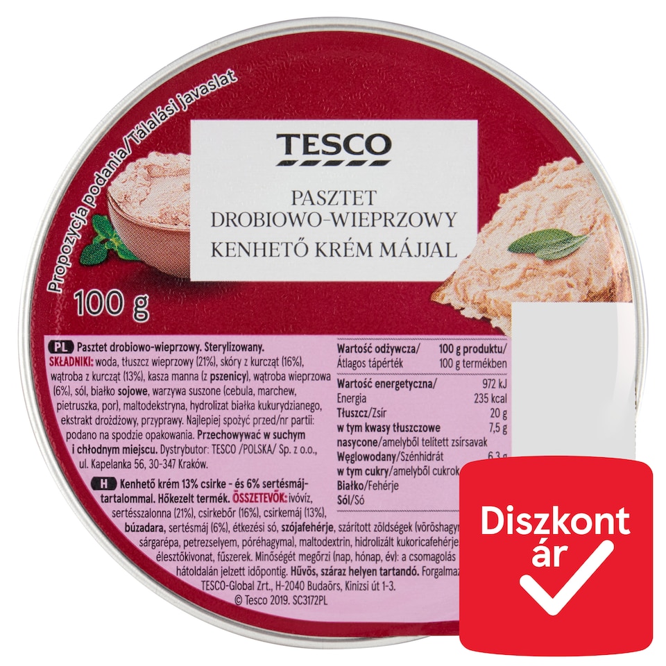 Tesco kenhető krém 13% csirke- és 6% sertésmájjal 100 g