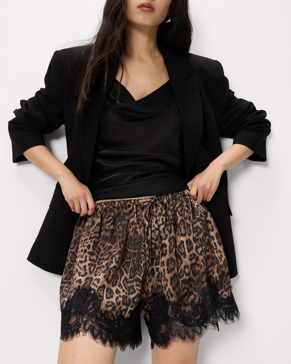 image 1 of F&F Satin Leopard Print Lace Trim Shorts in Multi Brown