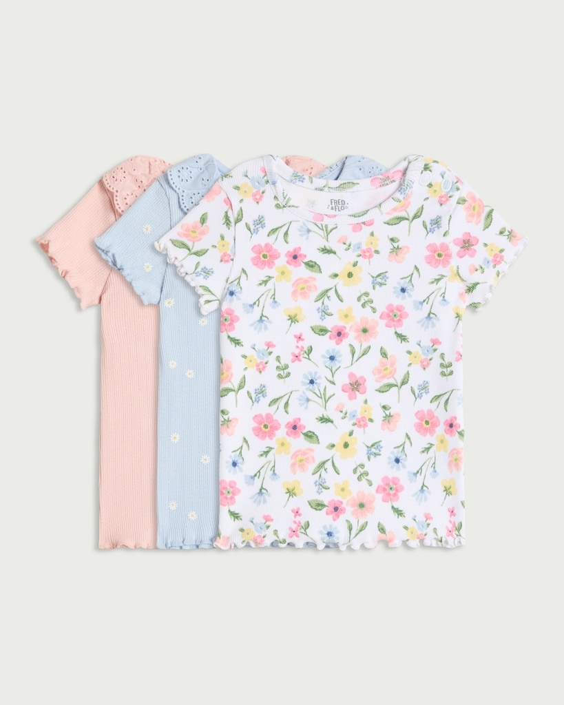F&F Baby 3-Pack Pure Cotton Ribbed Floral Print T-Shirts in Pink