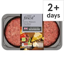 Tesco Finest Extra Mature Cheddar 2 Beef Burgers 340g