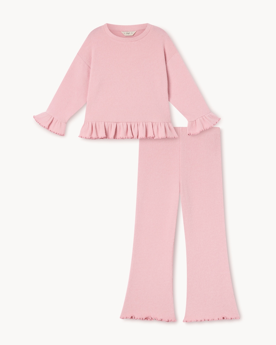 image 1 of F&F Girls Ruffle Trim Top and Trousers Set in Pink