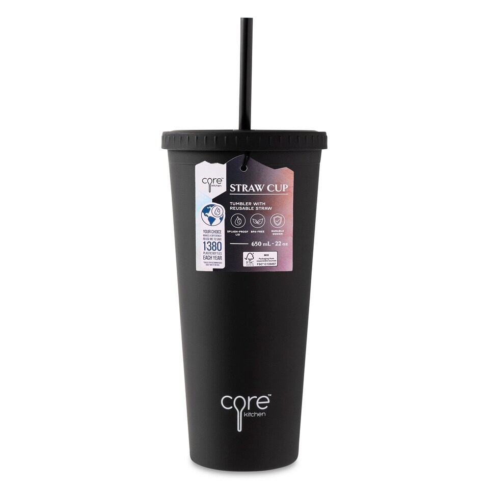 image 1 of Core Kitchen Black Tall Straw Water Bottle Cup 650 mL