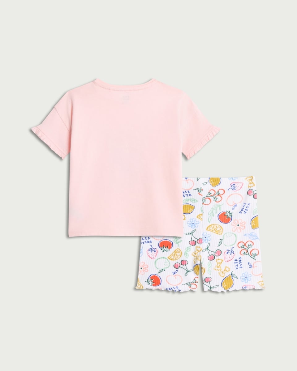 image 1 of F&F Baby 2-Piece Cotton Rich Fruit Print T-Shirt and Shorts Set in Pink