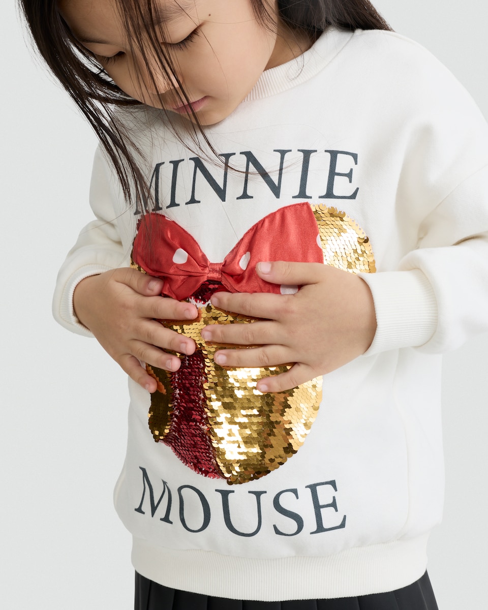 image 1 of Disney Minnie Mouse Cotton Rich Sequin Embellished Sweatshirt in Cream
