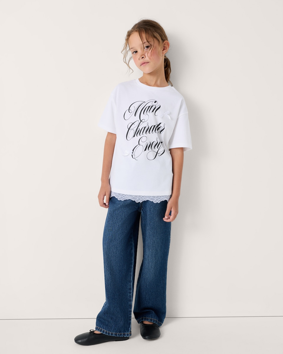 image 1 of F&F Girls Pure Cotton Slogan T-Shirt in White