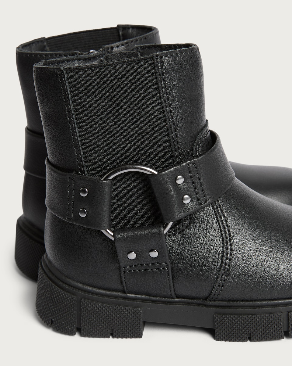 image 1 of F&F Girls Strap Buckle Detail Chunky Ankle Boots in Black