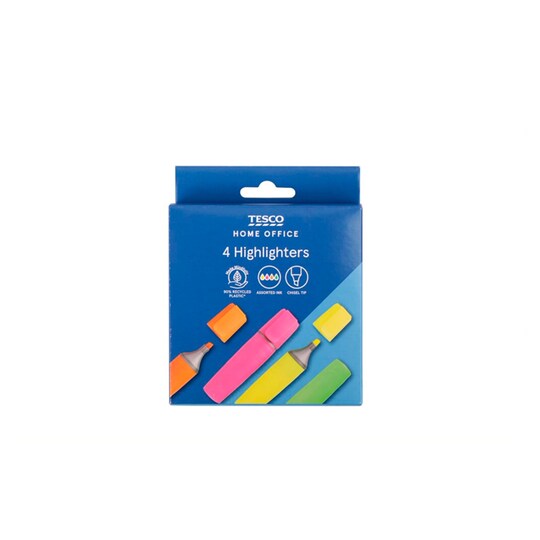 Tesco Rectangular Highlighters Asstd 4 Pack Tesco Groceries