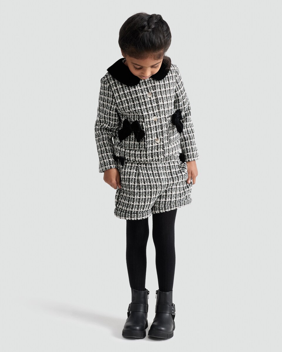 image 1 of F&F Girls 2-Piece Boucle Check Print Bow Jacket and Shorts Set in Multi Black White