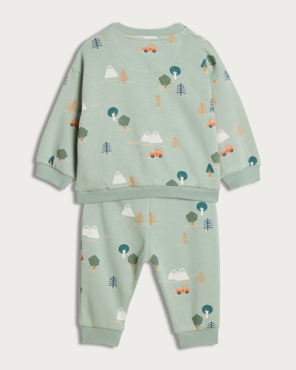 image 1 of F&F Baby 2-Piece Cotton Rich Adventure Print Sweatshirt and Joggers Set in Green