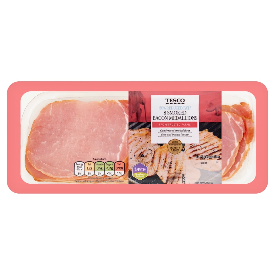 Tesco 50% Reduced Fat 8 Smoked Bacon Medallions 240g