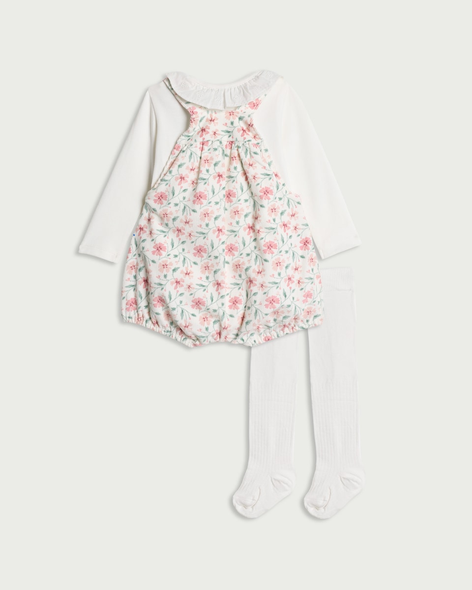 image 1 of F&F Baby 3-Piece Floral Corduroy Romper, Bodysuit and Tight Set in Multi