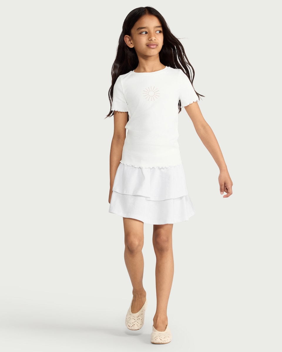 image 1 of F&F Girls Cotton Rich Tiered Skirt in White