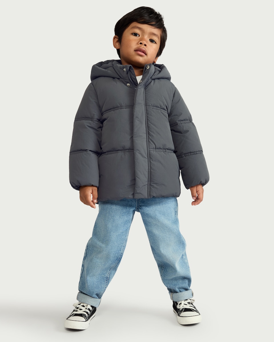 image 1 of F&F Boys Shower Resistant Hooded Padded Coat in Grey