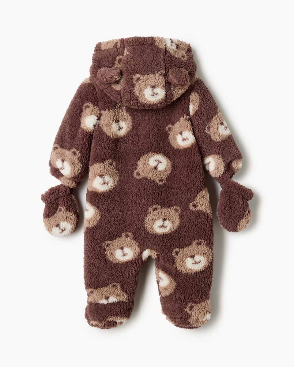 image 1 of F&F Baby Fleece Bear Print Pramsuit in Brown