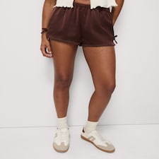 OH ME OH MY Satin Lace Trim Shorts in Chocolate
