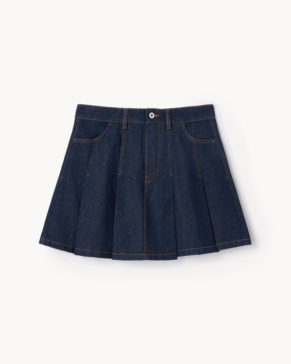 image 1 of F&F Pure Cotton Pleated Denim Mini Skirt in Navy
