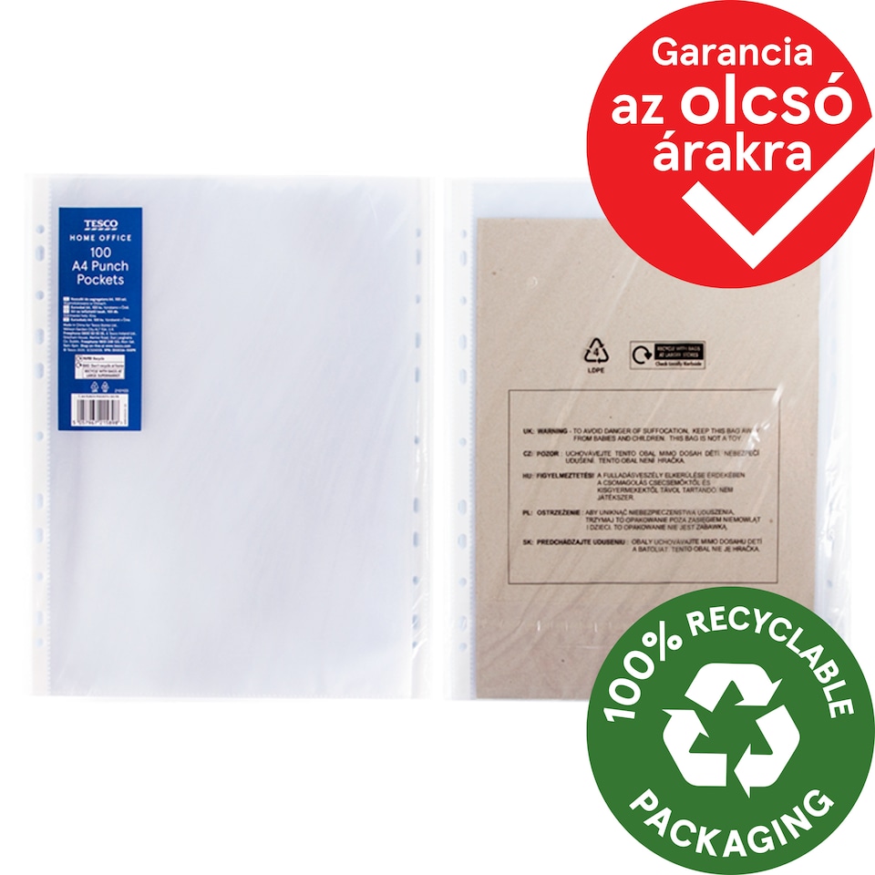 Tesco Home Office A4 Punch Pockets 100 pcs