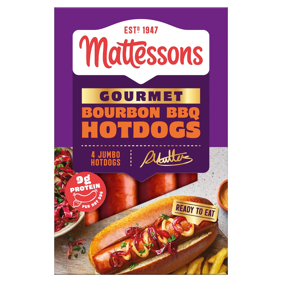 Mattessons 4 Gourmet Hot Dogs Bourbon BBQ 280g
