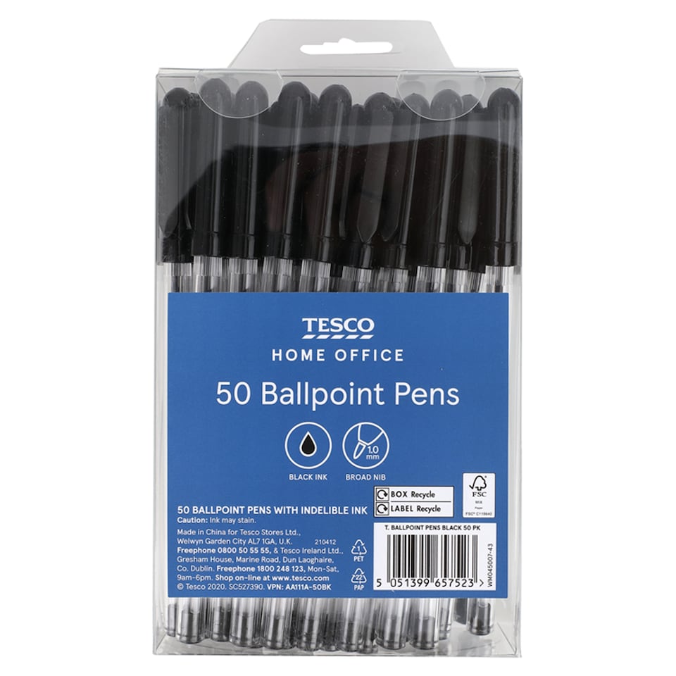 Tesco Ballpoint Pens Black 50 Pack