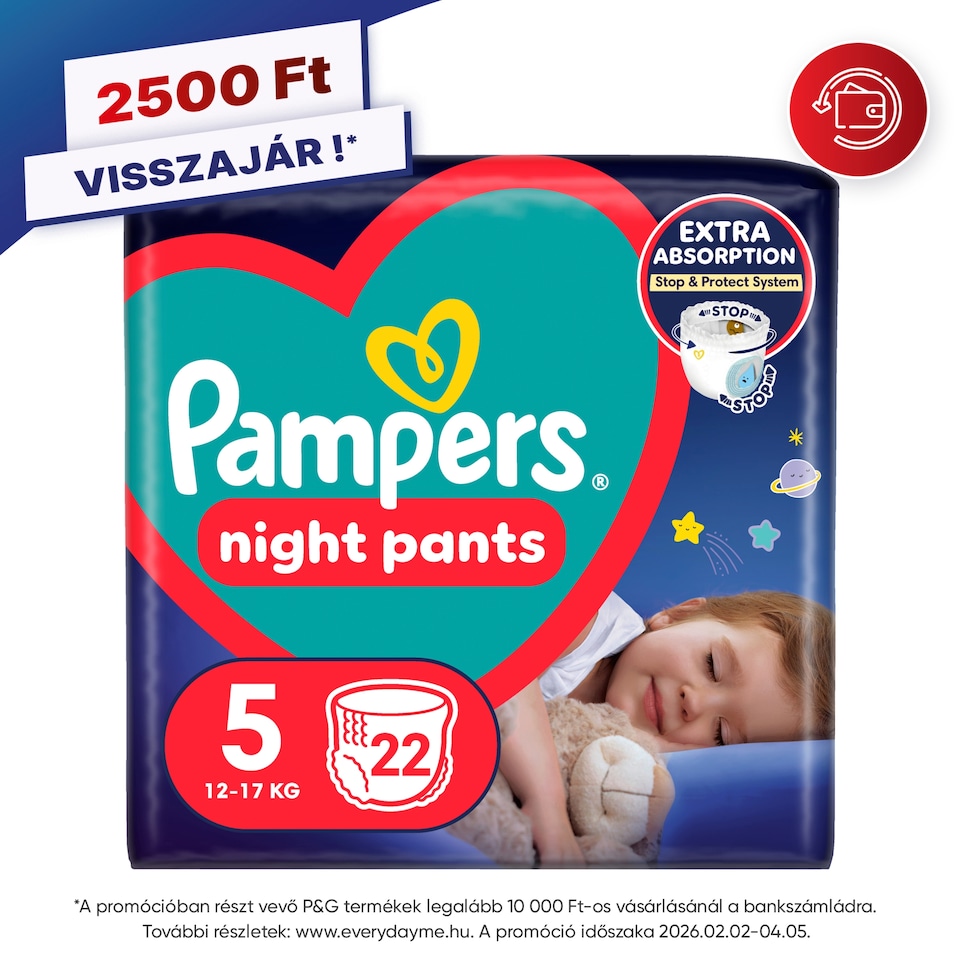 Pampers Night Bugyipelenka, Méret: 5, 22 db Pelenka, 11kg-17kg  1. kép