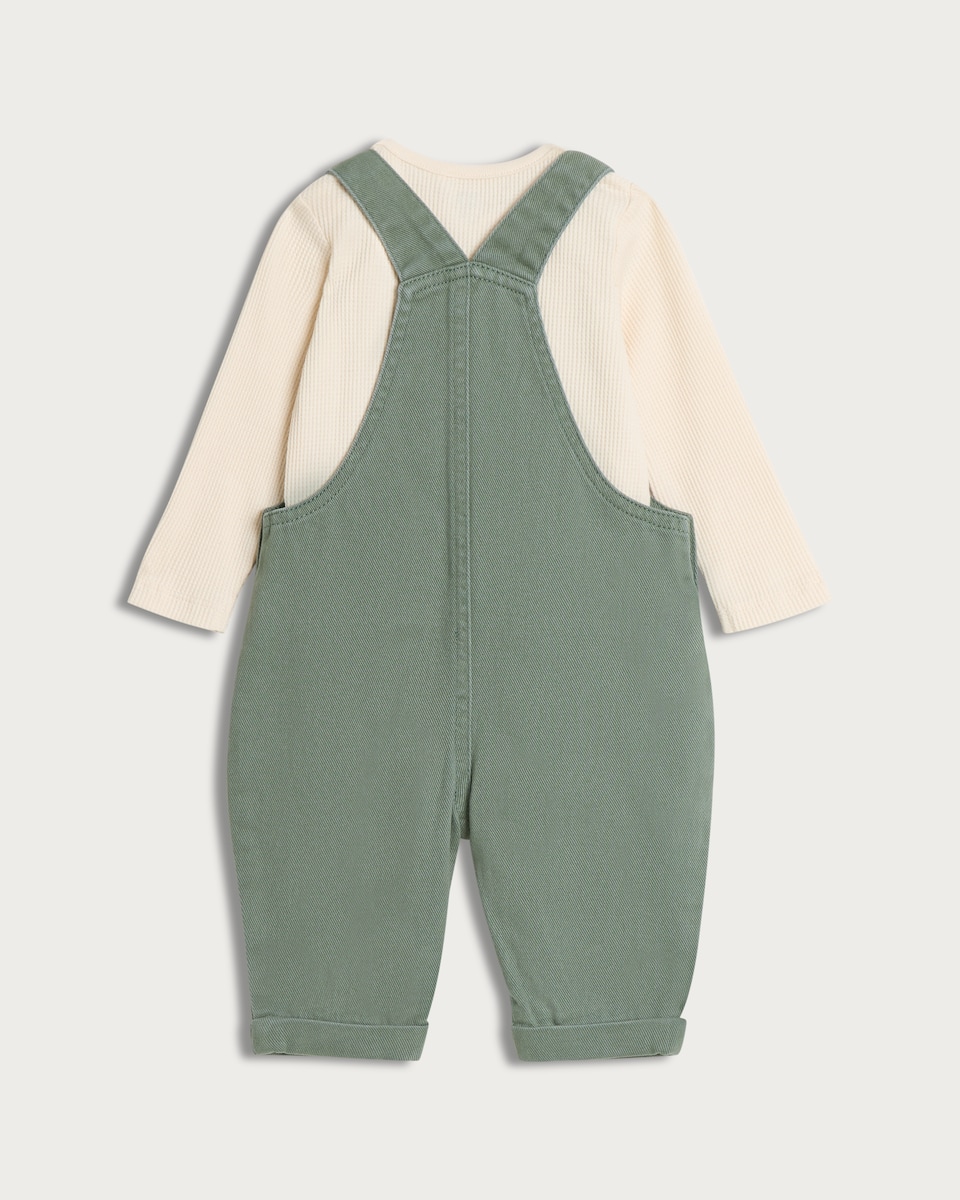 image 1 of F&F Baby 2-Piece Denim Dungarees and Long Sleeved Bodysuit Set in Green