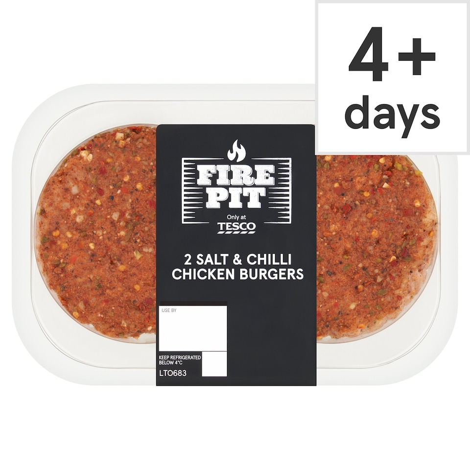 Tesco Fire Pit 2 Salt & Chilli Chicken Burgers 360g.