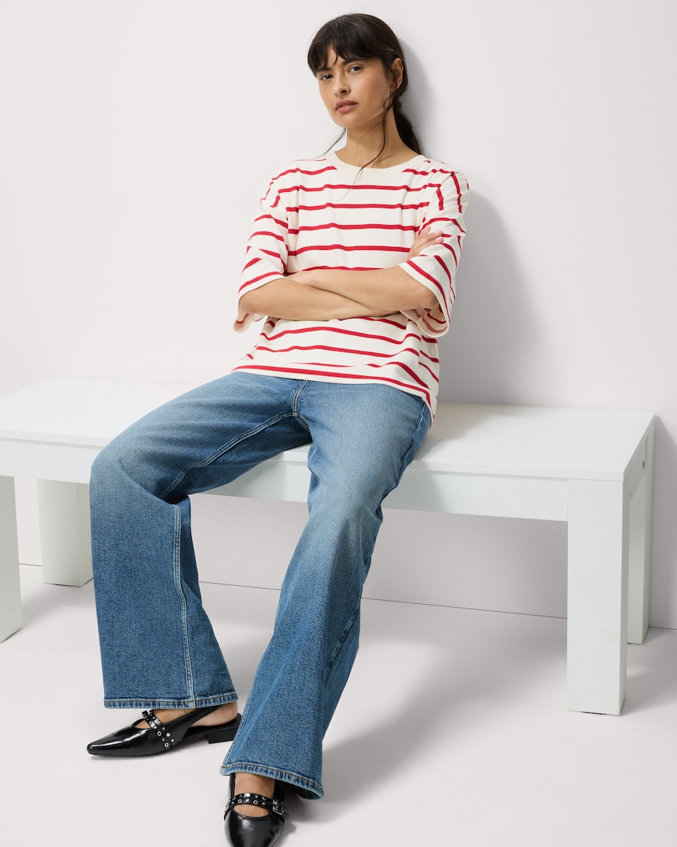 image 1 of F&F Pure Cotton Striped Boxy T-Shirt in Multi Red
