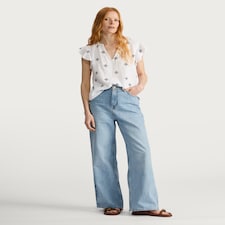 F&F Pure Cotton Embroidered Flutter Sleeved Top in Multi White