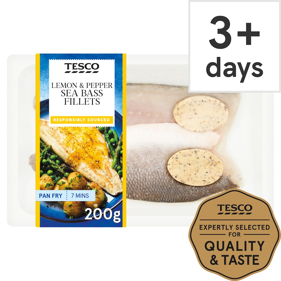 Tesco 2 Lemon & Pepper Sea Bass Fillets 200G