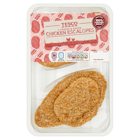 T BREADED BACON & CHEESE CHICKEN ESCALOPES 305G Tesco Groceries