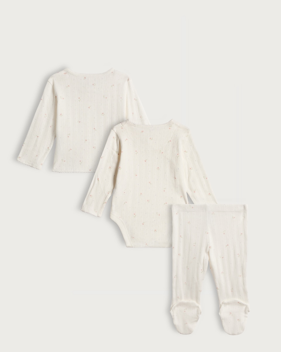 image 1 of F&F Baby 3-Piece Pure Cotton Ribbed Floral Print Cardigan, Bodysuit and Legging Set in Cream
