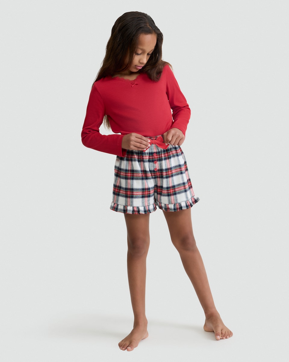 image 1 of F&F Girls Lace Trim Top and Check Print Shorts Pyjamas in Red Multi