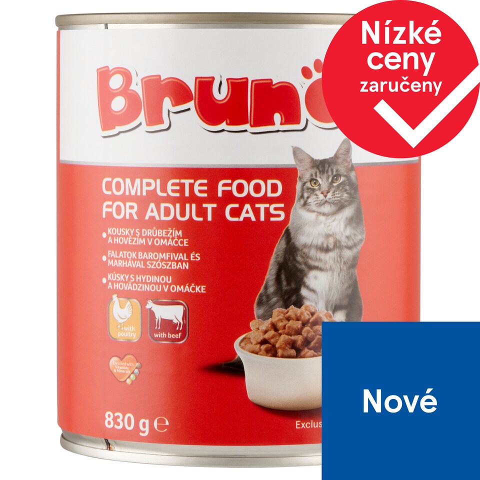 Brunos Kompletní krmivo pro dospělé kočky s drůbežím a hovězím v omáčce 830g