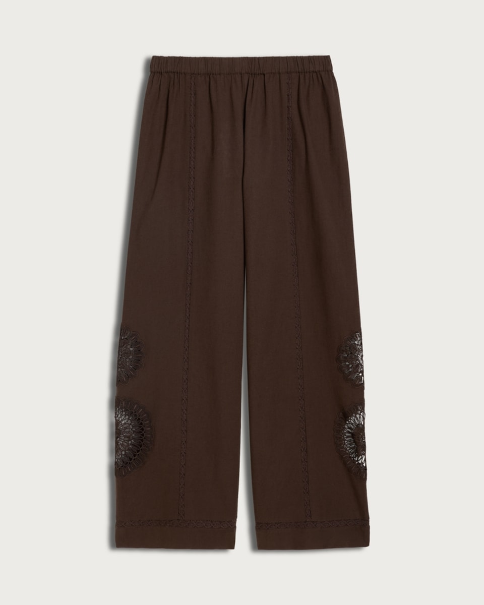 image 1 of F&F Cotton Rich Embroidered Wide Leg Co-ord Beach Trousers in Brown