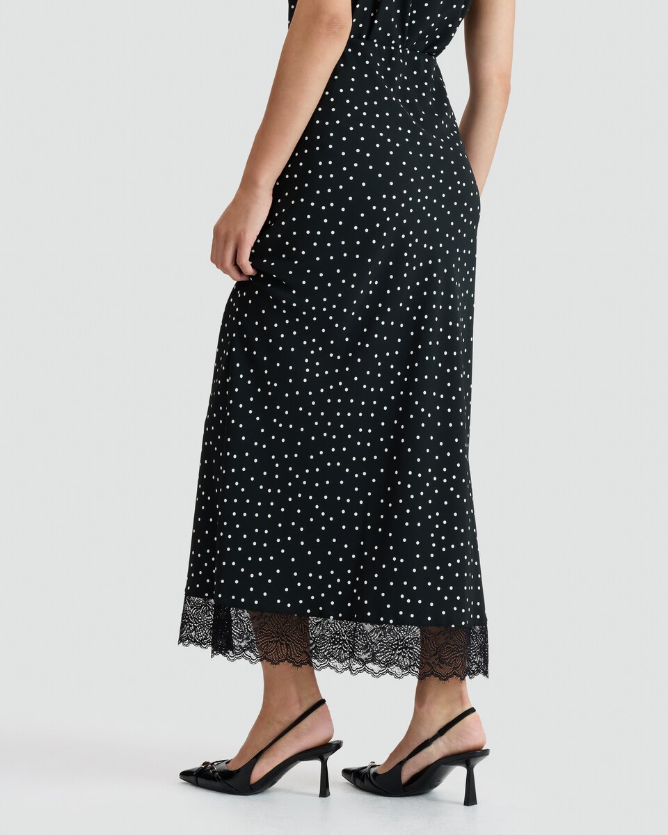image 1 of F&F Lace Hem Polka Dot Midi Skirt in Multi Black