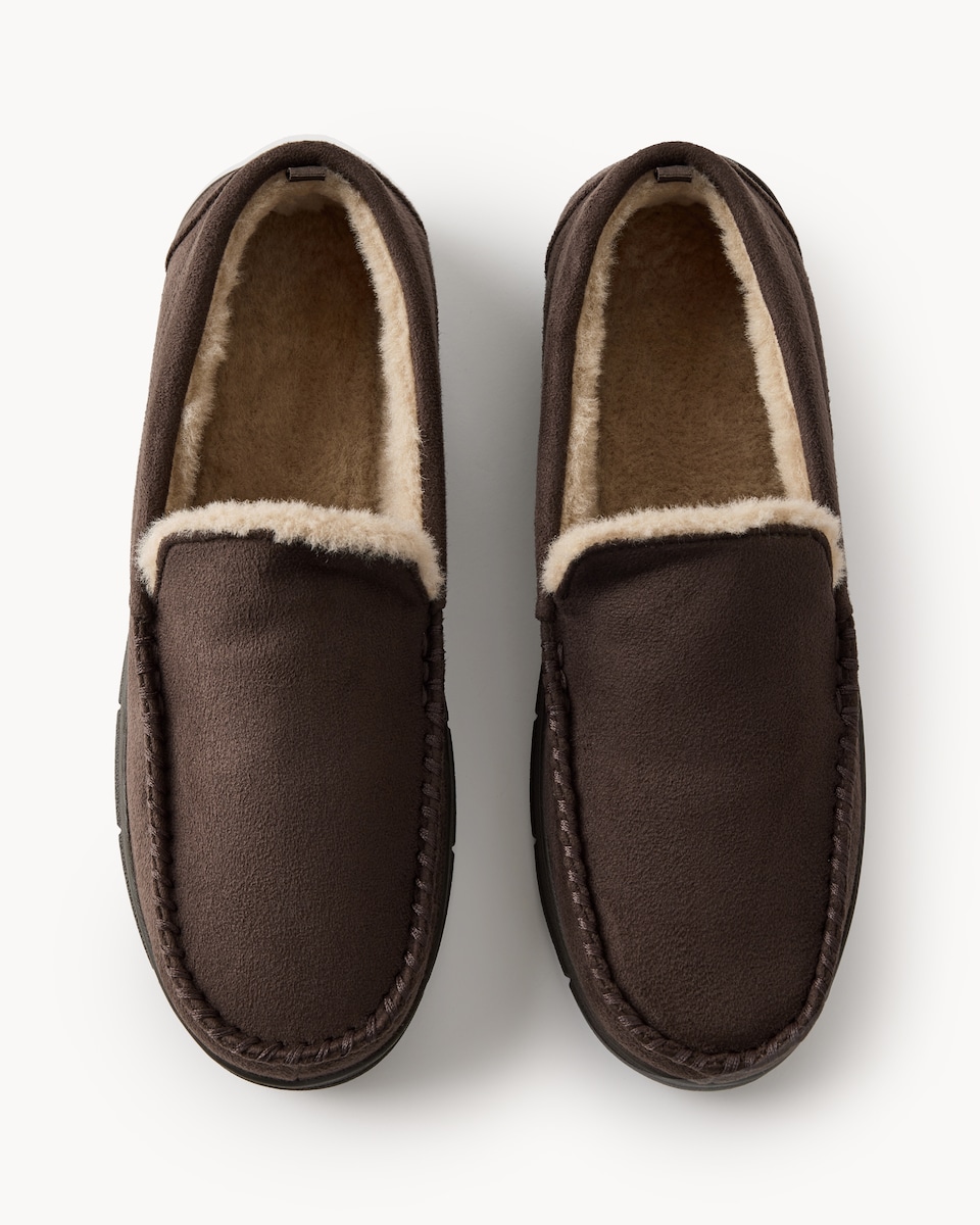 image 1 of F&F Faux Fur Lined Moccasin Slippers in Brown