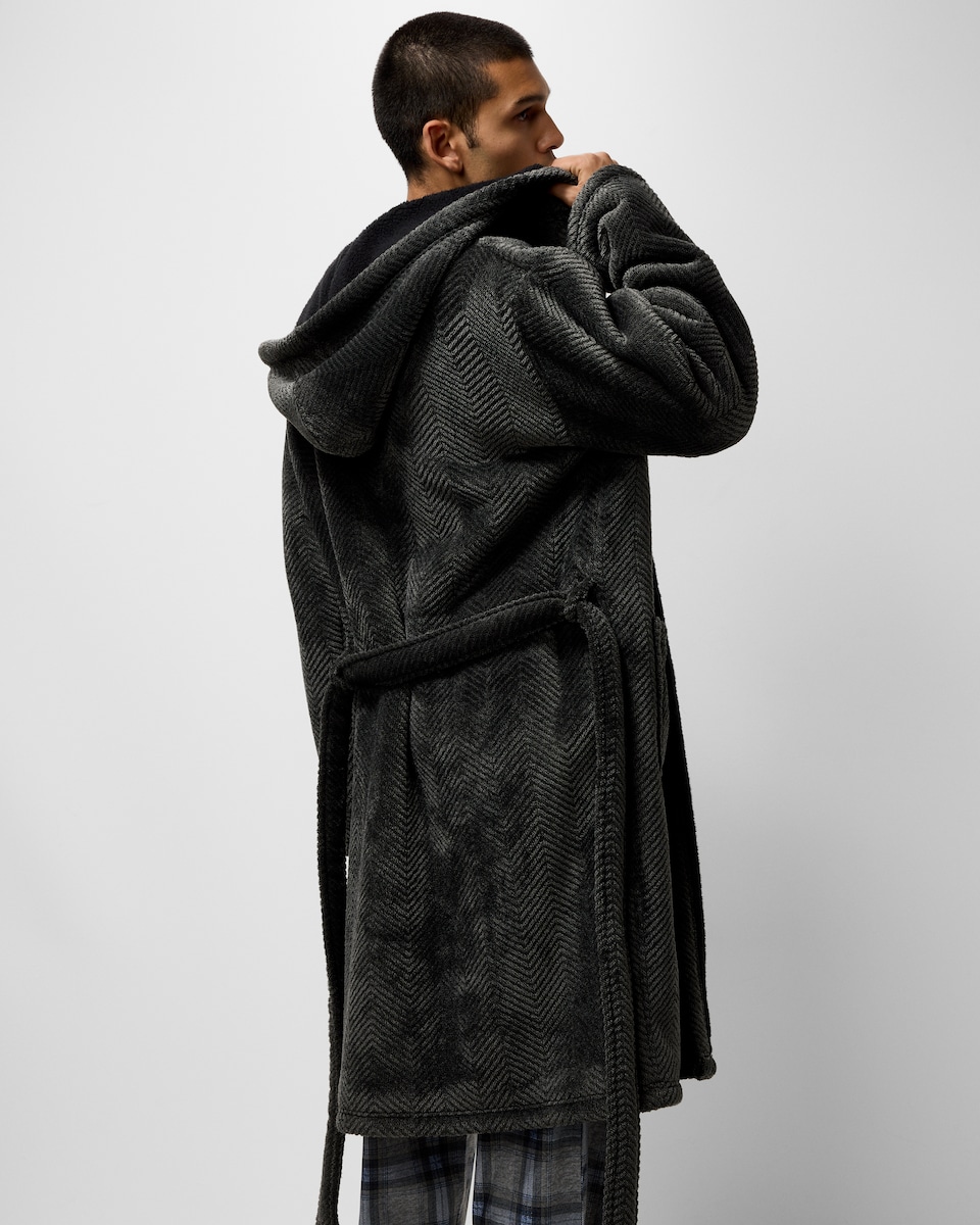 image 1 of F&F Fleece Herringbone Hooded Dressing Gown in Grey