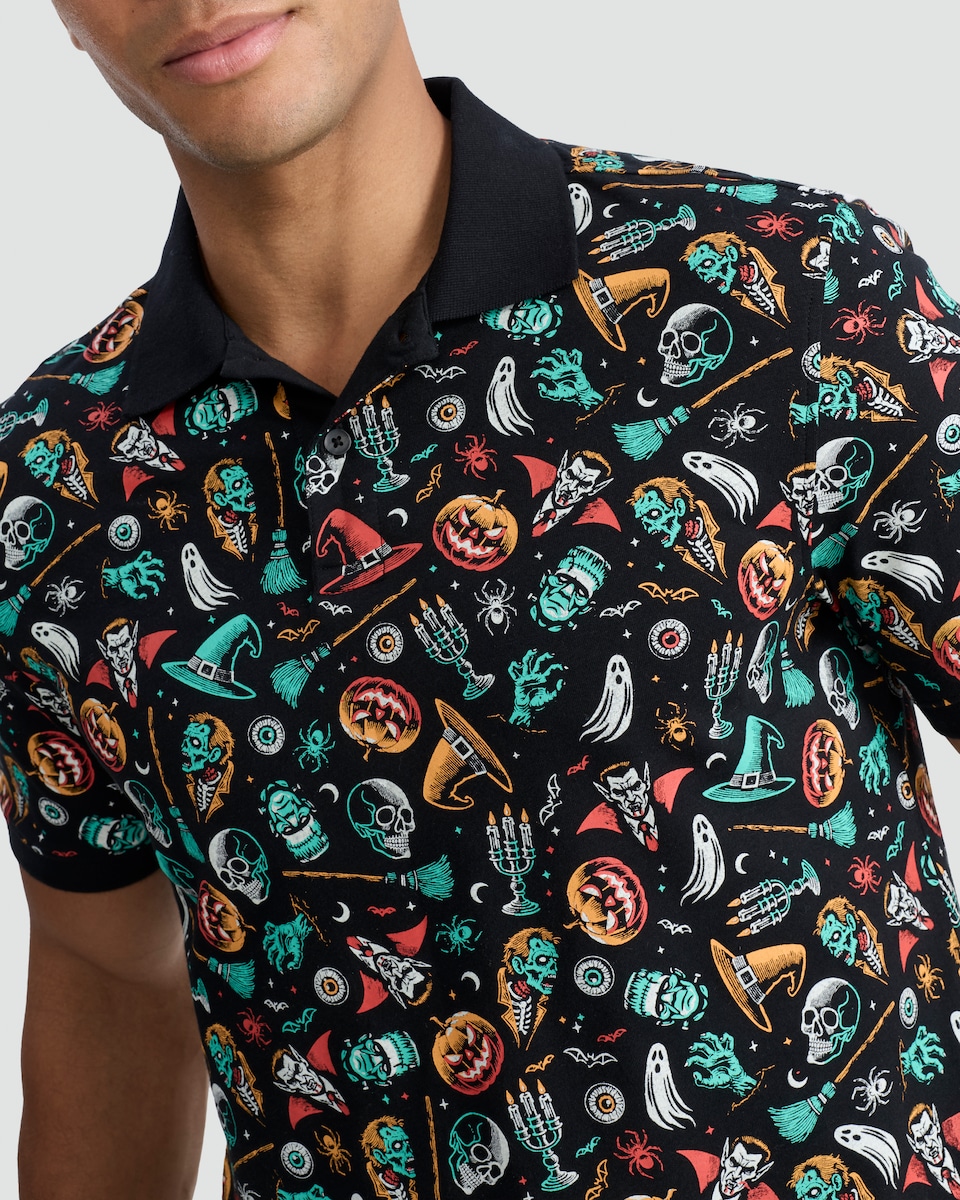 image 1 of F&F Pure Cotton Halloween Print Polo Shirt in Black