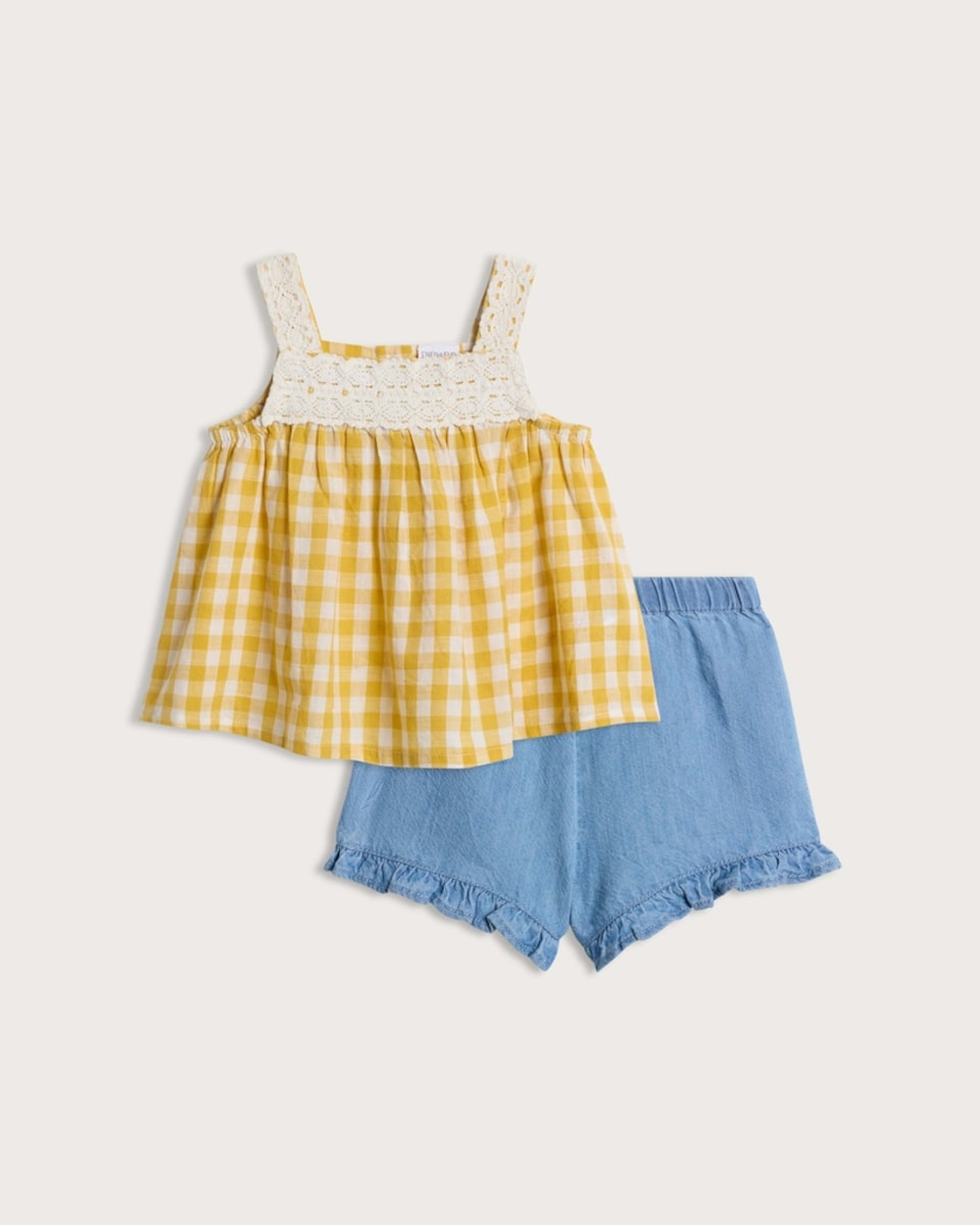 F&F Baby 2-Piece Pure Cotton Gingham Sleeveless Top and Denim Shorts Set in Yellow