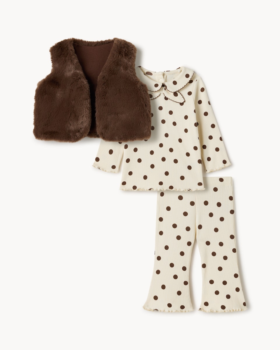 image 1 of F&F Baby Polka Dot Top, Leggings and Faux Fur Gilet in Brown